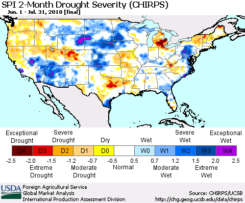 United States SPI 2-Month Drought Severity (CHIRPS) Thematic Map For 6/1/2018 - 7/31/2018