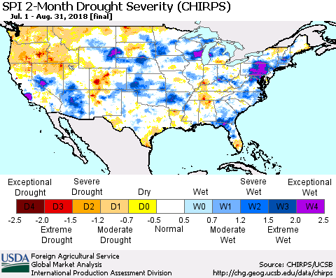 United States SPI 2-Month Drought Severity (CHIRPS) Thematic Map For 7/1/2018 - 8/31/2018