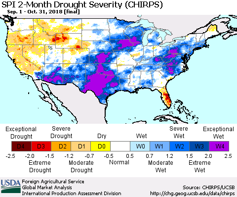 United States SPI 2-Month Drought Severity (CHIRPS) Thematic Map For 9/1/2018 - 10/31/2018
