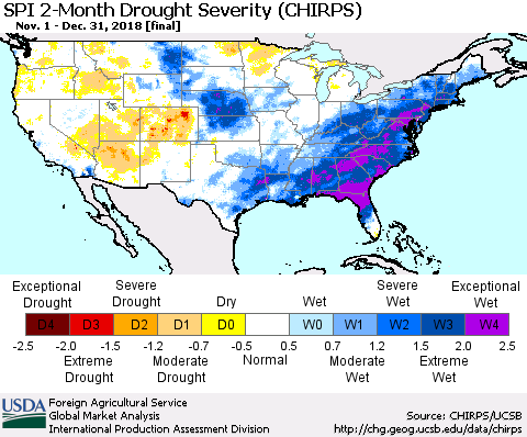 United States SPI 2-Month Drought Severity (CHIRPS) Thematic Map For 11/1/2018 - 12/31/2018