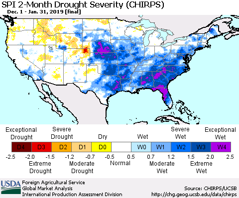 United States SPI 2-Month Drought Severity (CHIRPS) Thematic Map For 12/1/2018 - 1/31/2019