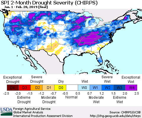 United States SPI 2-Month Drought Severity (CHIRPS) Thematic Map For 1/1/2019 - 2/28/2019