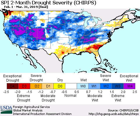 United States SPI 2-Month Drought Severity (CHIRPS) Thematic Map For 2/1/2019 - 3/31/2019
