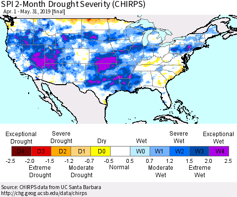 United States SPI 2-Month Drought Severity (CHIRPS) Thematic Map For 4/1/2019 - 5/31/2019