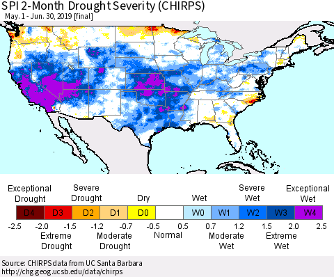 United States SPI 2-Month Drought Severity (CHIRPS) Thematic Map For 5/1/2019 - 6/30/2019