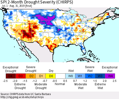 United States SPI 2-Month Drought Severity (CHIRPS) Thematic Map For 7/1/2019 - 8/31/2019