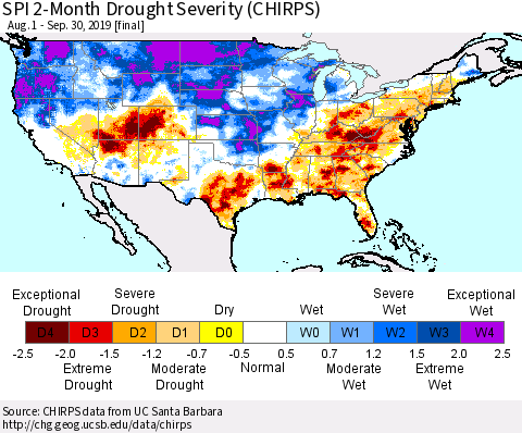 United States SPI 2-Month Drought Severity (CHIRPS) Thematic Map For 8/1/2019 - 9/30/2019