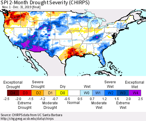 United States SPI 2-Month Drought Severity (CHIRPS) Thematic Map For 11/1/2019 - 12/31/2019