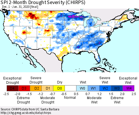 United States SPI 2-Month Drought Severity (CHIRPS) Thematic Map For 12/1/2019 - 1/31/2020