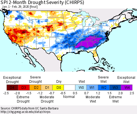 United States SPI 2-Month Drought Severity (CHIRPS) Thematic Map For 1/1/2020 - 2/29/2020