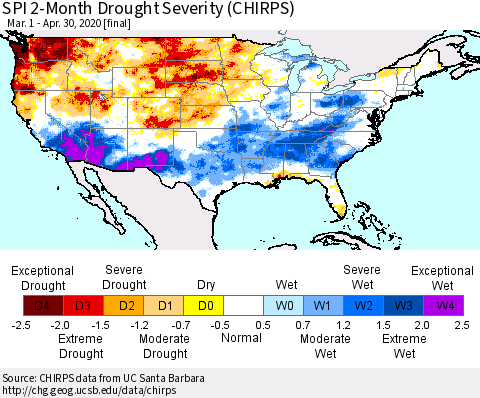 United States SPI 2-Month Drought Severity (CHIRPS) Thematic Map For 3/1/2020 - 4/30/2020