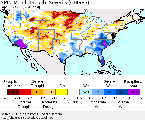 United States SPI 2-Month Drought Severity (CHIRPS) Thematic Map For 4/1/2020 - 5/31/2020