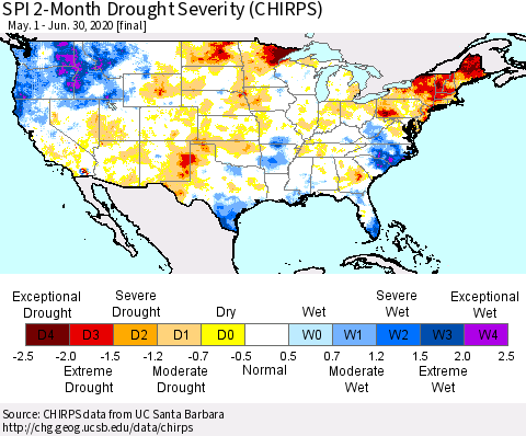 United States SPI 2-Month Drought Severity (CHIRPS) Thematic Map For 5/1/2020 - 6/30/2020