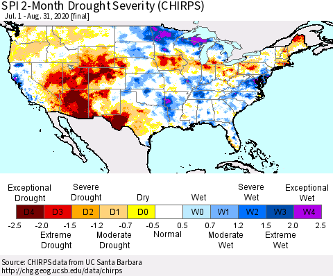 United States SPI 2-Month Drought Severity (CHIRPS) Thematic Map For 7/1/2020 - 8/31/2020