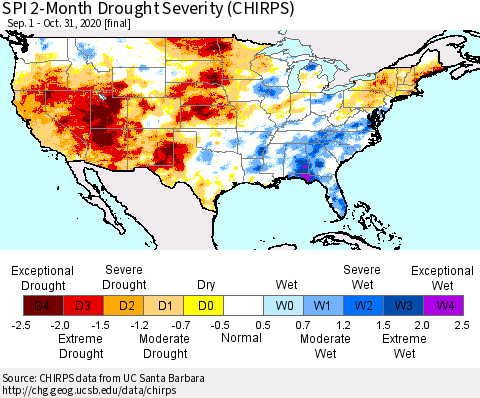United States SPI 2-Month Drought Severity (CHIRPS) Thematic Map For 9/1/2020 - 10/31/2020