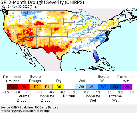United States SPI 2-Month Drought Severity (CHIRPS) Thematic Map For 10/1/2020 - 11/30/2020