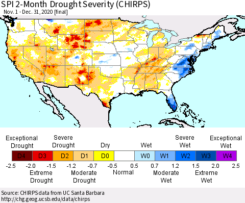 United States SPI 2-Month Drought Severity (CHIRPS) Thematic Map For 11/1/2020 - 12/31/2020