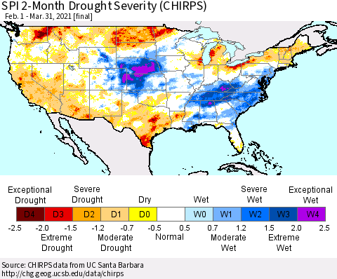 United States SPI 2-Month Drought Severity (CHIRPS) Thematic Map For 2/1/2021 - 3/31/2021