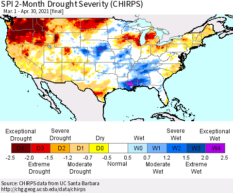 United States SPI 2-Month Drought Severity (CHIRPS) Thematic Map For 3/1/2021 - 4/30/2021