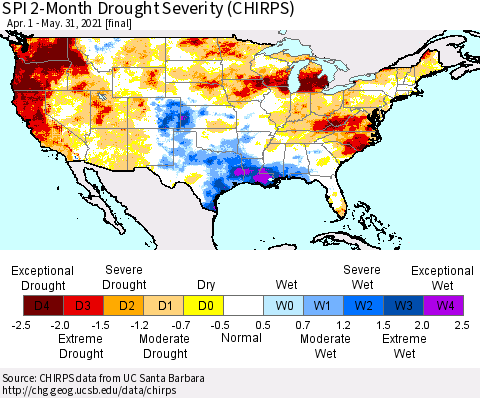 United States SPI 2-Month Drought Severity (CHIRPS) Thematic Map For 4/1/2021 - 5/31/2021