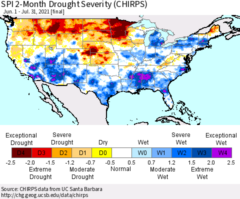 United States SPI 2-Month Drought Severity (CHIRPS) Thematic Map For 6/1/2021 - 7/31/2021