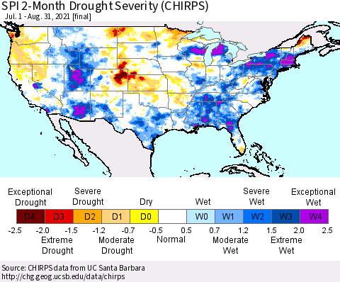 United States SPI 2-Month Drought Severity (CHIRPS) Thematic Map For 7/1/2021 - 8/31/2021