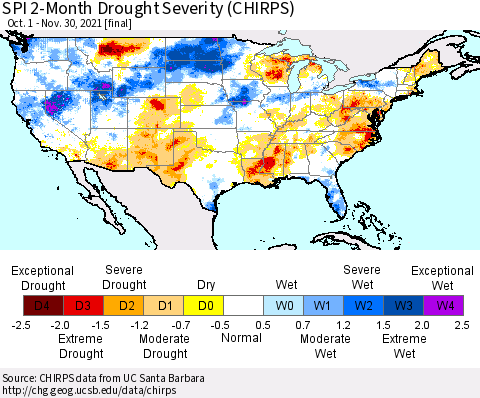 United States SPI 2-Month Drought Severity (CHIRPS) Thematic Map For 10/1/2021 - 11/30/2021