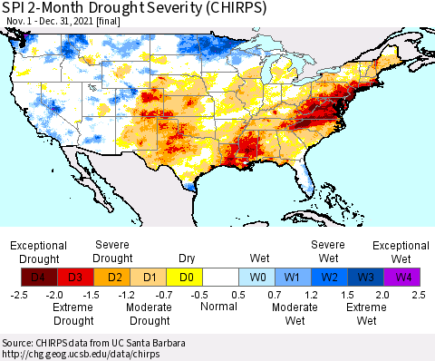 United States SPI 2-Month Drought Severity (CHIRPS) Thematic Map For 11/1/2021 - 12/31/2021