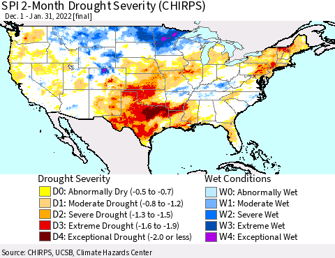 United States SPI 2-Month Drought Severity (CHIRPS) Thematic Map For 12/1/2021 - 1/31/2022