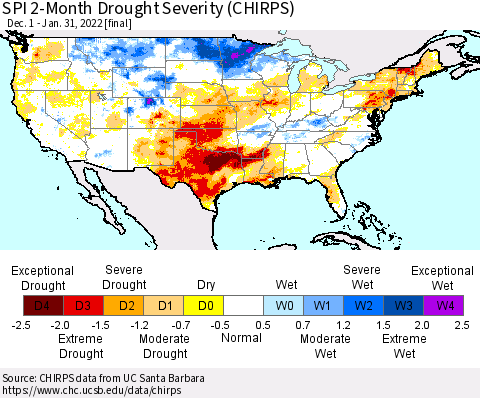United States SPI 2-Month Drought Severity (CHIRPS) Thematic Map For 12/1/2021 - 1/31/2022