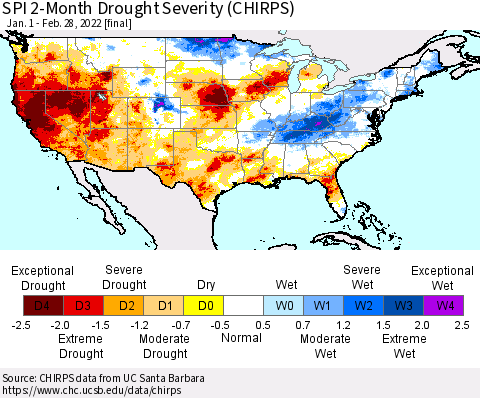 United States SPI 2-Month Drought Severity (CHIRPS) Thematic Map For 1/1/2022 - 2/28/2022