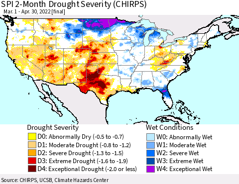 United States SPI 2-Month Drought Severity (CHIRPS) Thematic Map For 3/1/2022 - 4/30/2022