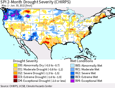 United States SPI 2-Month Drought Severity (CHIRPS) Thematic Map For 5/1/2022 - 6/30/2022