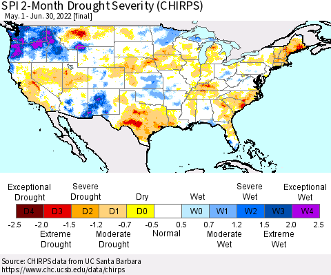 United States SPI 2-Month Drought Severity (CHIRPS) Thematic Map For 5/1/2022 - 6/30/2022