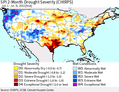 United States SPI 2-Month Drought Severity (CHIRPS) Thematic Map For 6/1/2022 - 7/31/2022