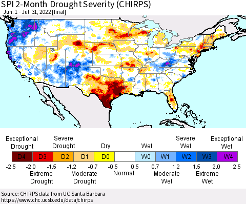 United States SPI 2-Month Drought Severity (CHIRPS) Thematic Map For 6/1/2022 - 7/31/2022