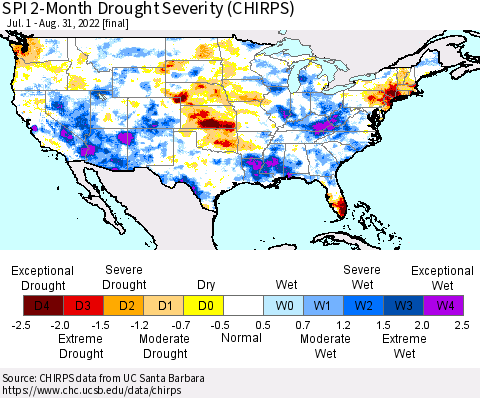 United States SPI 2-Month Drought Severity (CHIRPS) Thematic Map For 7/1/2022 - 8/31/2022
