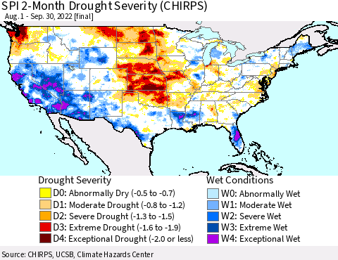 United States SPI 2-Month Drought Severity (CHIRPS) Thematic Map For 8/1/2022 - 9/30/2022