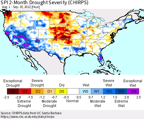 United States SPI 2-Month Drought Severity (CHIRPS) Thematic Map For 8/1/2022 - 9/30/2022