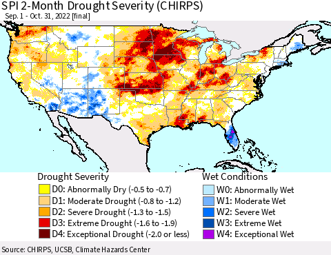 United States SPI 2-Month Drought Severity (CHIRPS) Thematic Map For 9/1/2022 - 10/31/2022