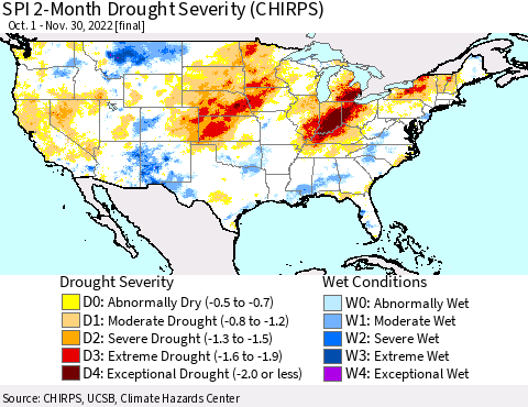United States SPI 2-Month Drought Severity (CHIRPS) Thematic Map For 10/1/2022 - 11/30/2022