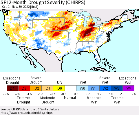 United States SPI 2-Month Drought Severity (CHIRPS) Thematic Map For 10/1/2022 - 11/30/2022