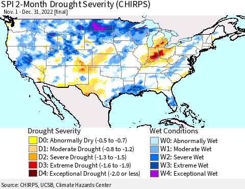 United States SPI 2-Month Drought Severity (CHIRPS) Thematic Map For 11/1/2022 - 12/31/2022