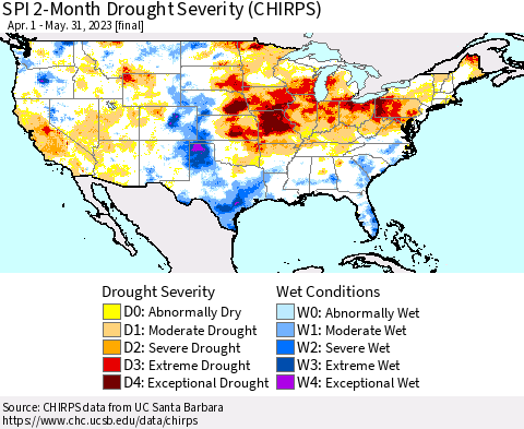 United States SPI 2-Month Drought Severity (CHIRPS) Thematic Map For 4/1/2023 - 5/31/2023