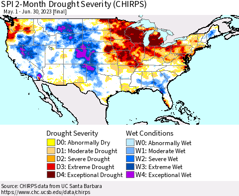 United States SPI 2-Month Drought Severity (CHIRPS) Thematic Map For 5/1/2023 - 6/30/2023