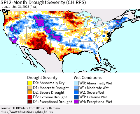 United States SPI 2-Month Drought Severity (CHIRPS) Thematic Map For 6/1/2023 - 7/31/2023