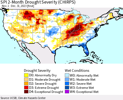 United States SPI 2-Month Drought Severity (CHIRPS) Thematic Map For 11/1/2023 - 12/31/2023