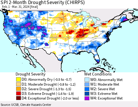United States SPI 2-Month Drought Severity (CHIRPS) Thematic Map For 2/1/2024 - 3/31/2024