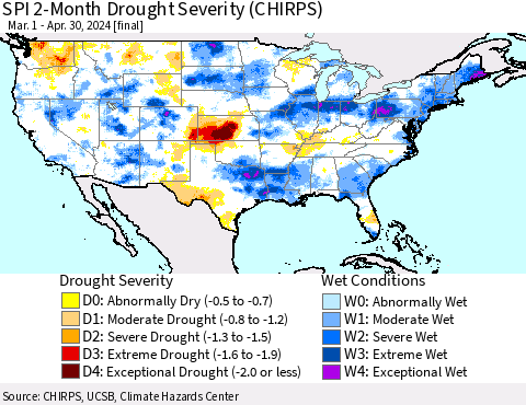 United States SPI 2-Month Drought Severity (CHIRPS) Thematic Map For 3/1/2024 - 4/30/2024