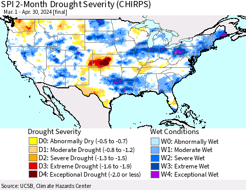 United States SPI 2-Month Drought Severity (CHIRPS) Thematic Map For 3/1/2024 - 4/30/2024